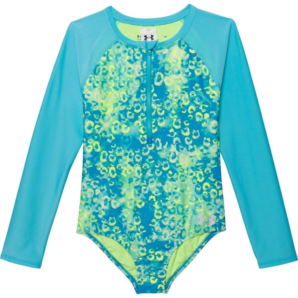 Under Armour Shadow Cheetah Paddleboard Swimsuit Girls 16 Blue Long Sleeve NEW - Picture 1 of 6